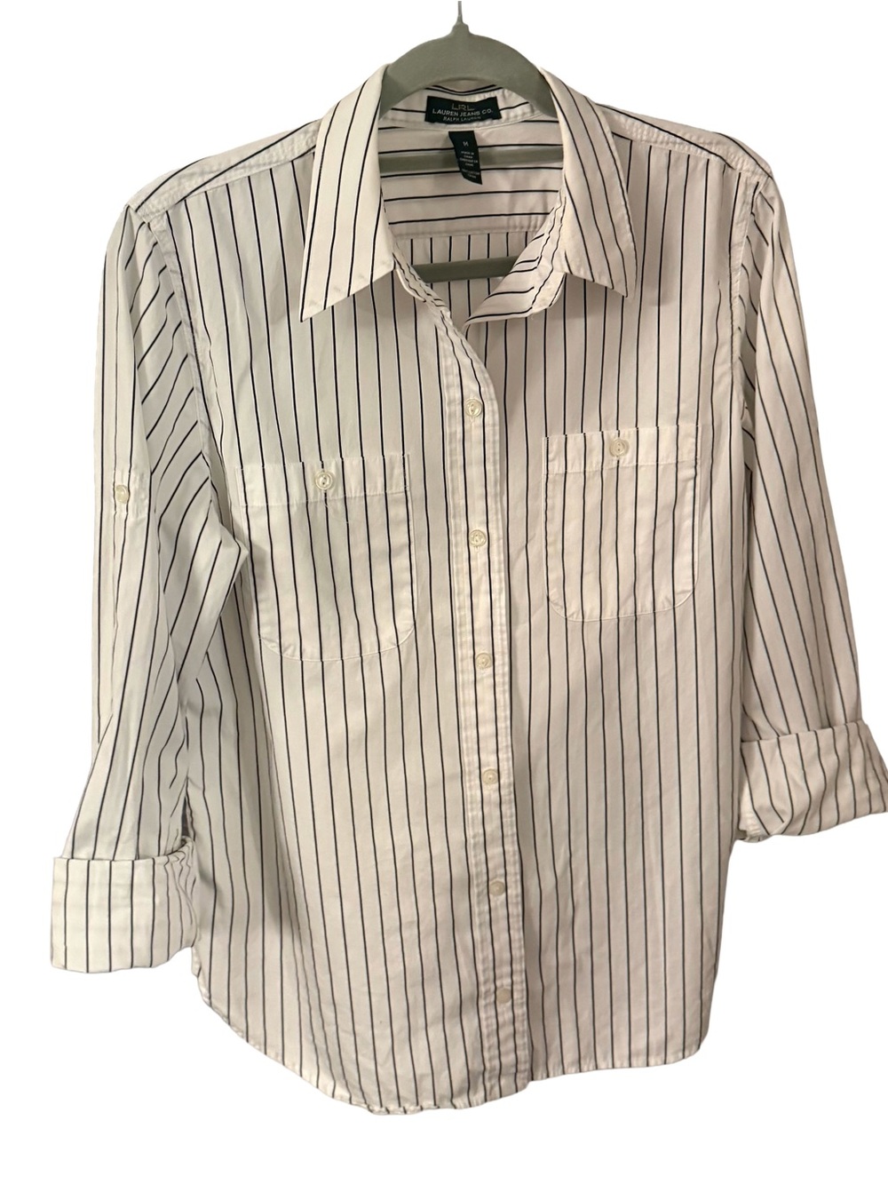 Lauren Ralph Lauren White Button Shirt W/pinstripes Front Pockets Sz M EUC